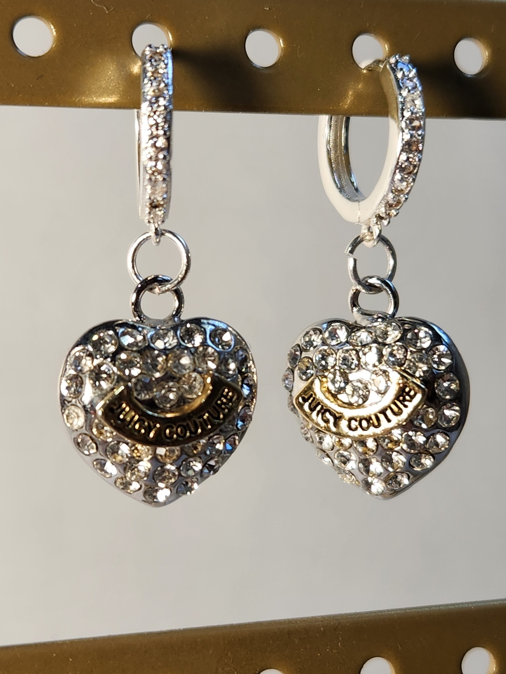 RARE Auth Y2K 925 Juicy Couture Rhinestone Heart Huggie Drop Earrings